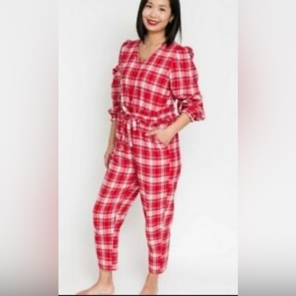 SMASH + TESS Sz S Oversized Red Plaid Long-Sleeve Flannel Ruffle Jumpsuit NEW